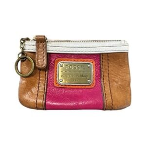 Fossil Long Live Vintage Leather Coin Pouch Key Ring Wallet Pink Tan Colorblock